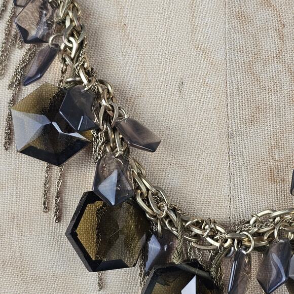 Lot 2 J Crew necklaces olive green and stone ribbon smokey facetted fringed - Picture 9 of 11